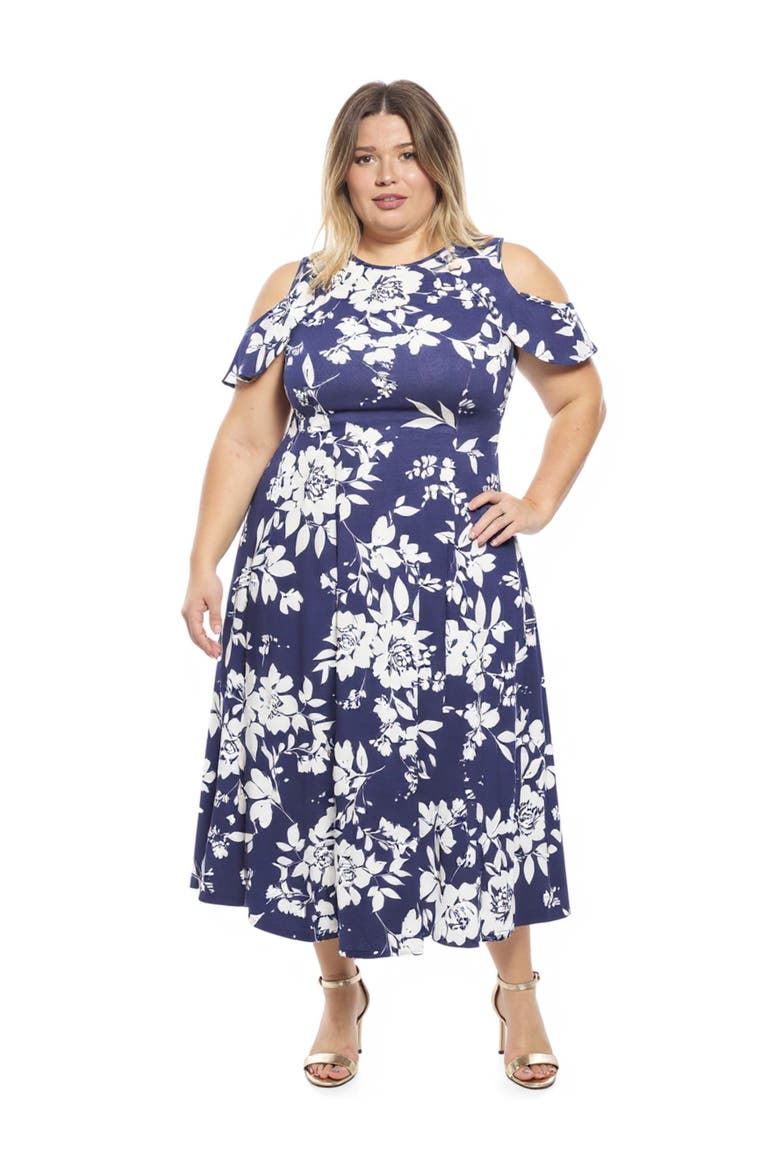 Plus Size Floral Ruffle Sleeve Cold Shoulder A-Line Maxi Dress, Main, color, Navy Multi