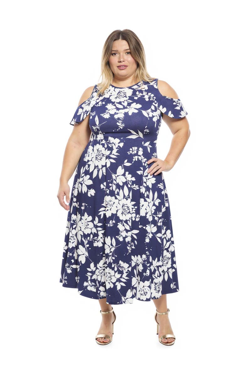 24seven Comfort Apparel Plus Size Floral Ruffle Sleeve Cold Shoulder A-Line Maxi Dress, Main, color, Navy Multi