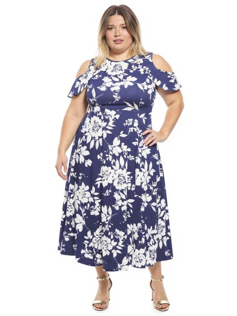 Plus Size Floral Ruffle Sleeve Cold Shoulder A-Line Maxi Dress