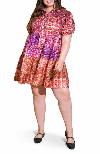 FLYING TOMATO Floral Patchwork Puff Sleeve Tiered Babydoll Shirtdress