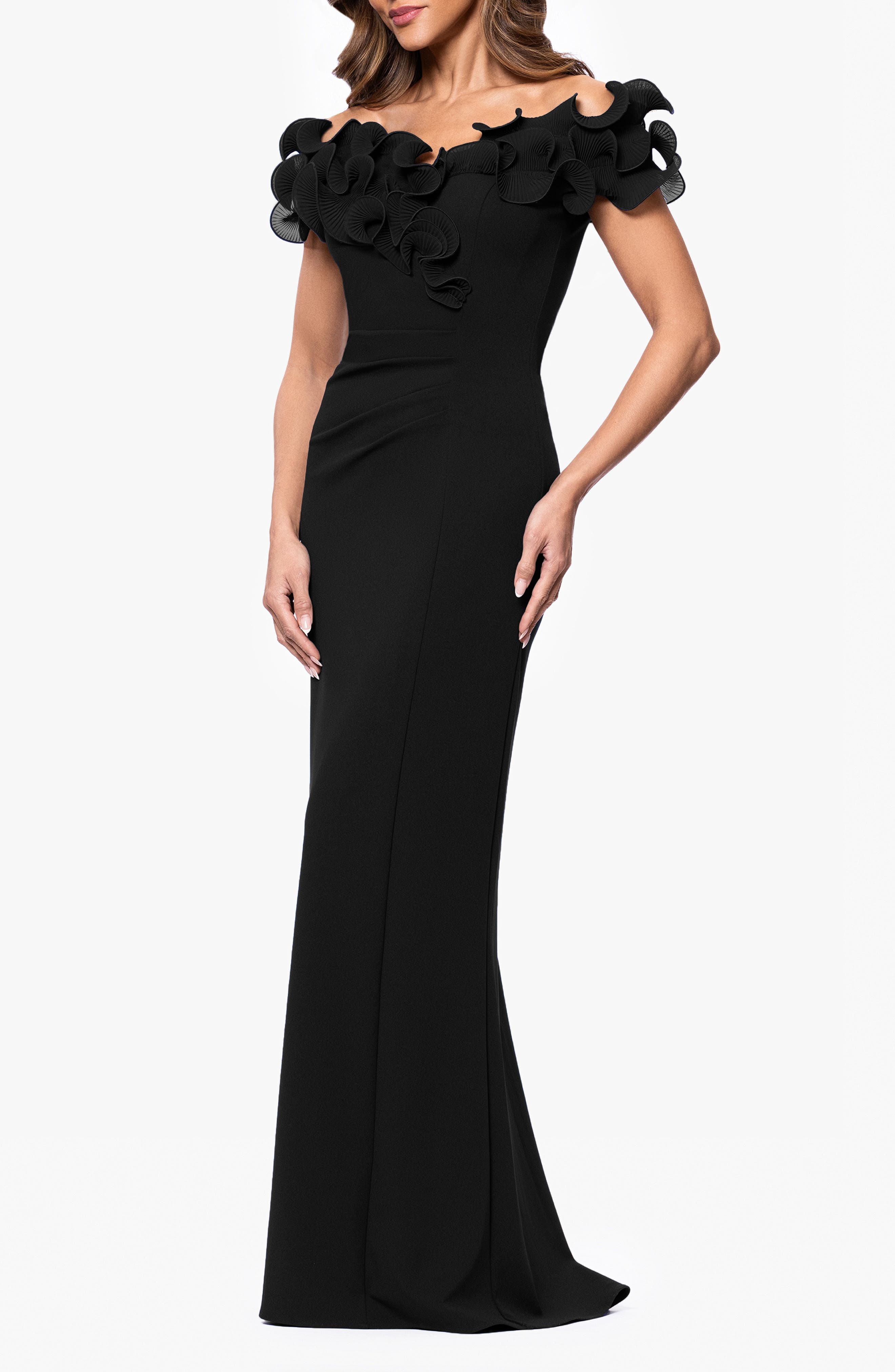 xscape women's off the shoulder long lace dress Xscape Plus Size Off-The-Shoulder Floral-Sleeve Gown - Black