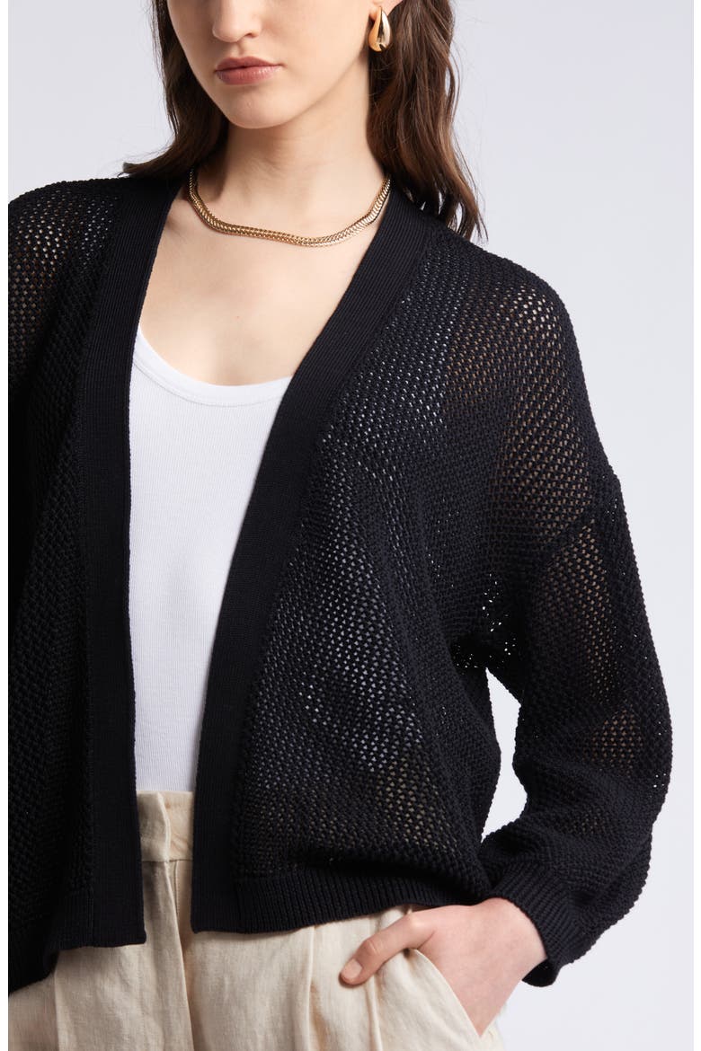 Open Stitch Front Cotton Cardigan, Alternate, color, BLACK