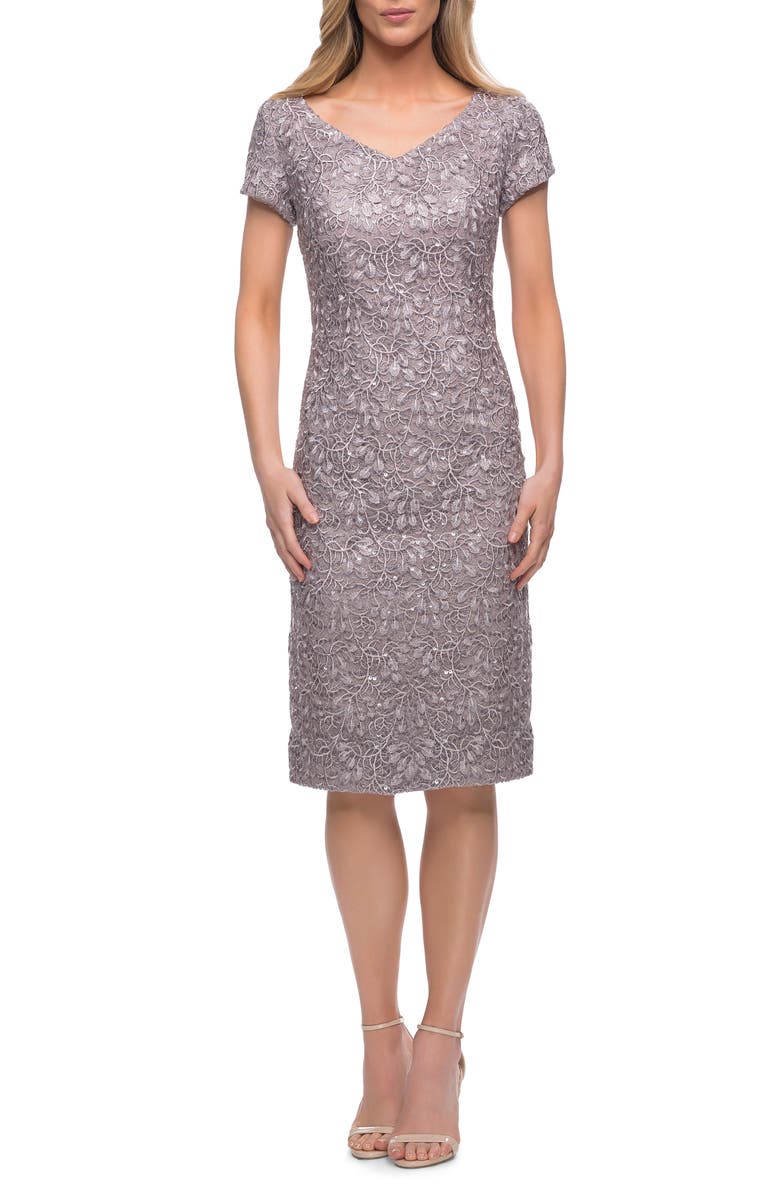 La Femme Embroidered Lace Sheath, Alternate, color,