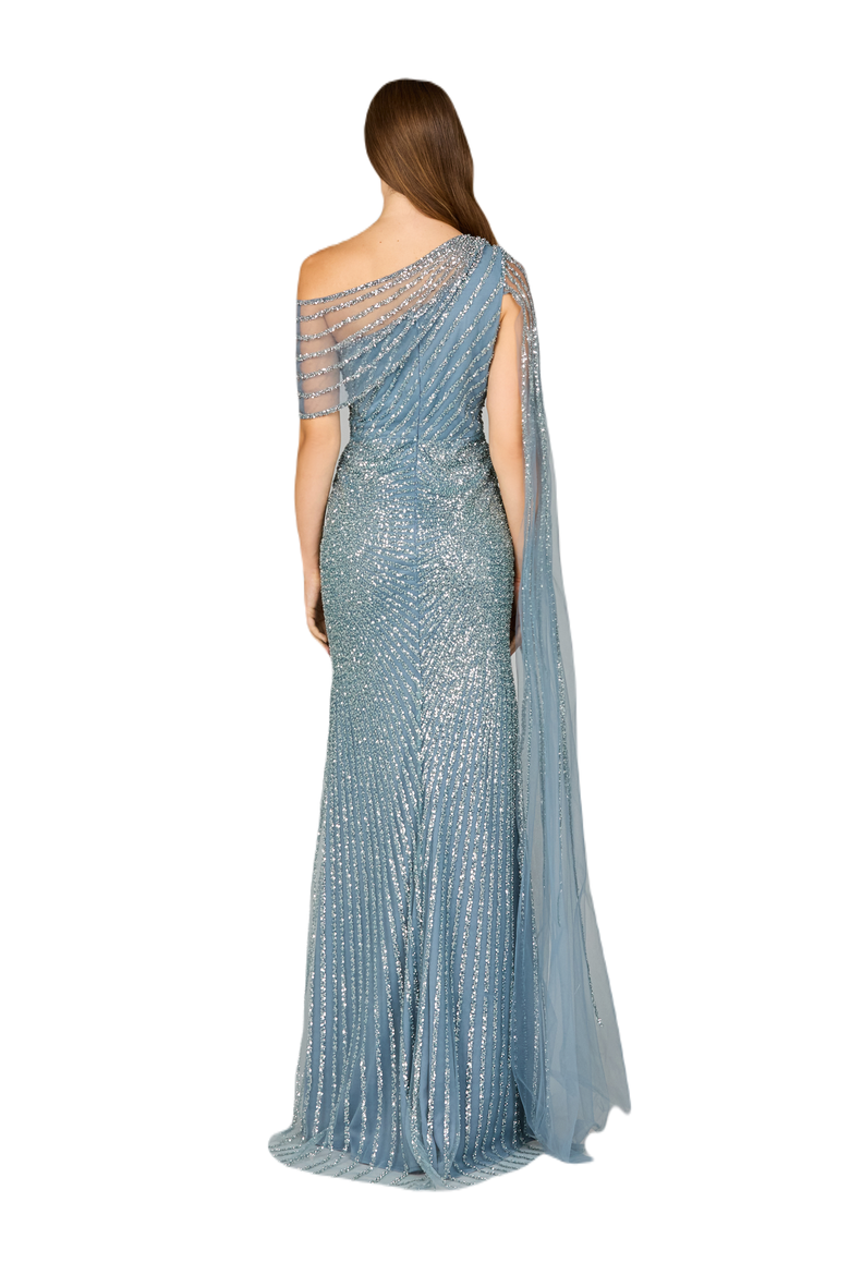 One Shoulder Fitted Gown with Cape Sleeve, Alternate, color, Slate