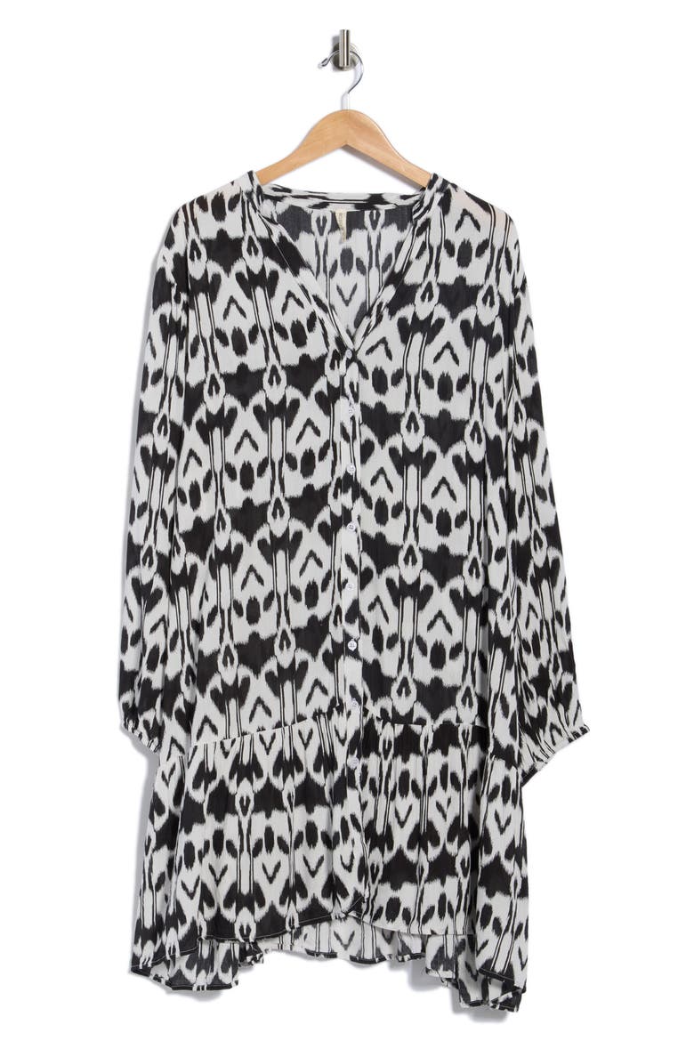 Ikat Long Sleeve Cover-Up Dress, Alternate, color, BLACK