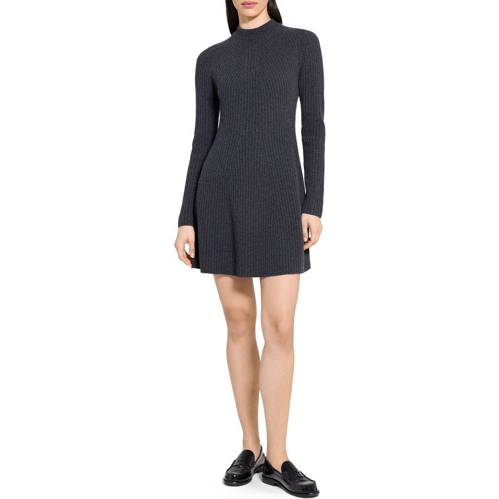 Theory Traveling Long Sleeve Wool & Cashmere Rib Dress In Gray