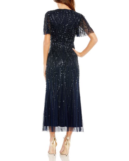 Mac Duggal Beaded Wrap Over Butterfly Sleeve Column Dress