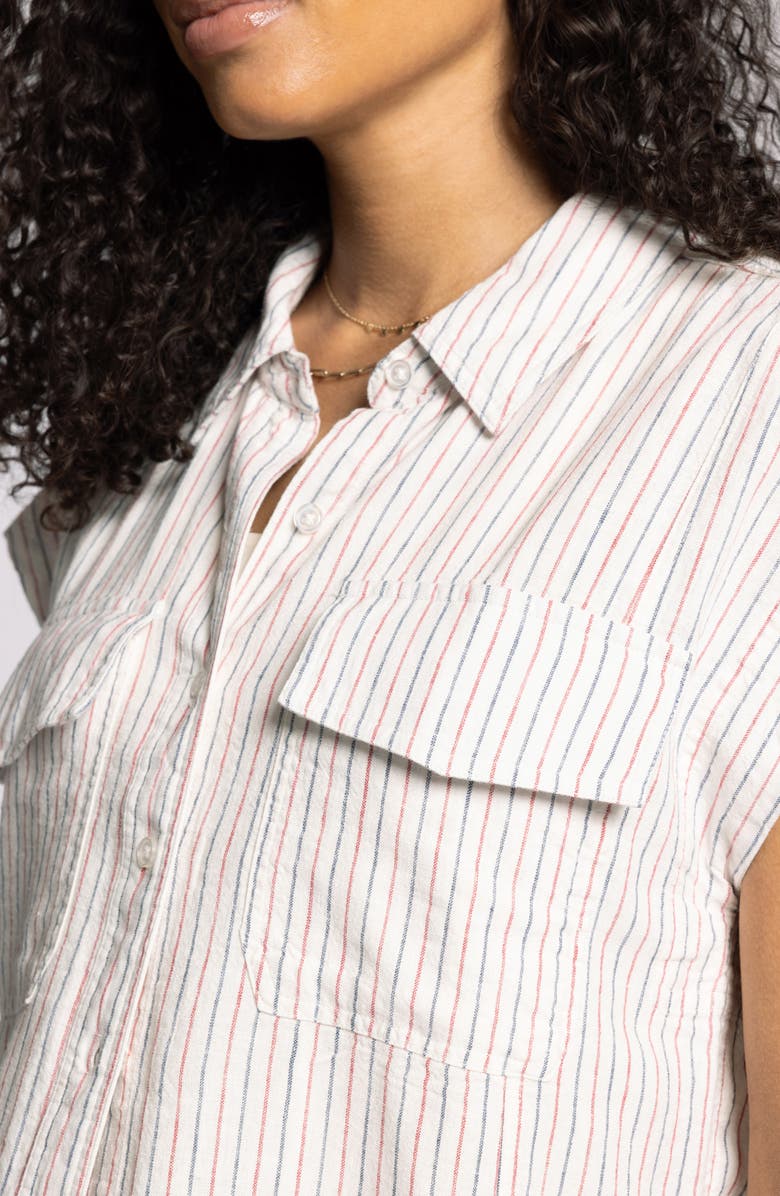 Thread & Supply Lydia Stripe Short Sleeve Linen Blend Button-Up Shirt, Alternate, color, Red Navy