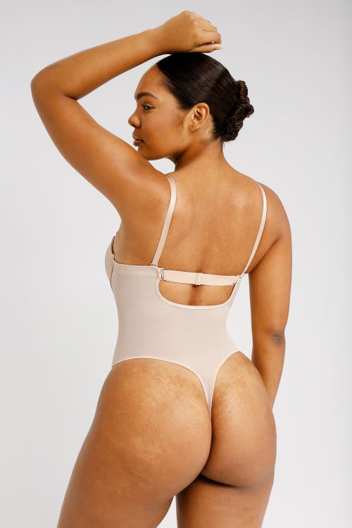 Shapellx Airslim Deep Plunge Low-back Thong Bodysuit In Buttercream