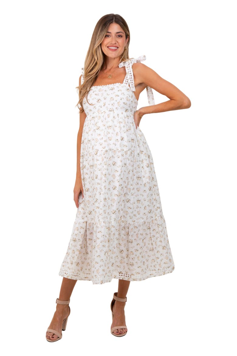 Floral Shoulder Tie Midi Dress, Alternate, color, Yellow