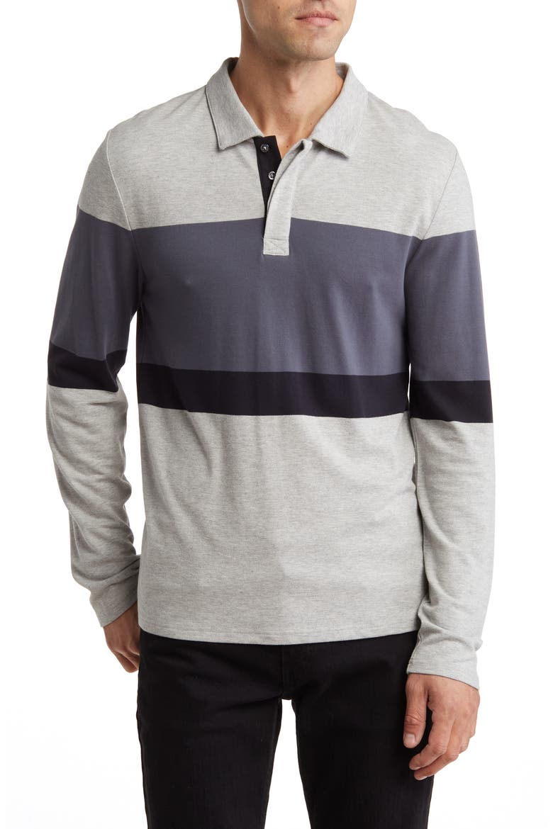 Piqué Organic Cotton Blend Colorblock Stripe Long Sleeve Polo, Main, color, HEATHER GREY / CARBON