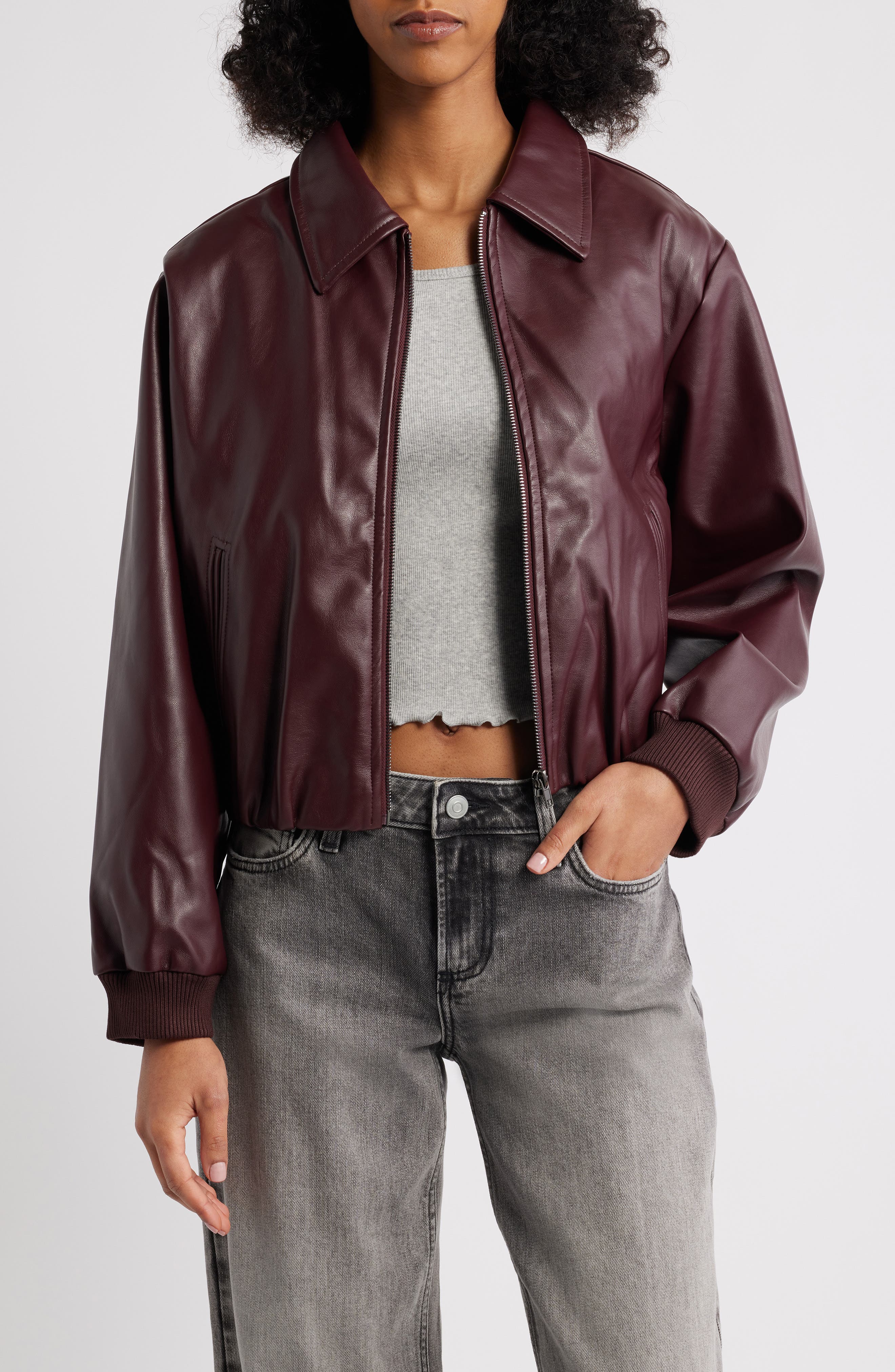 All in Favor Faux Leather Bomber Jacket