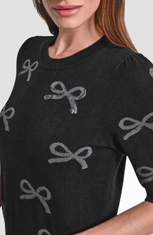 Dkny Sequin Bow Embellished Short Sleeve Cotton Blend Crewneck Sweater In Black