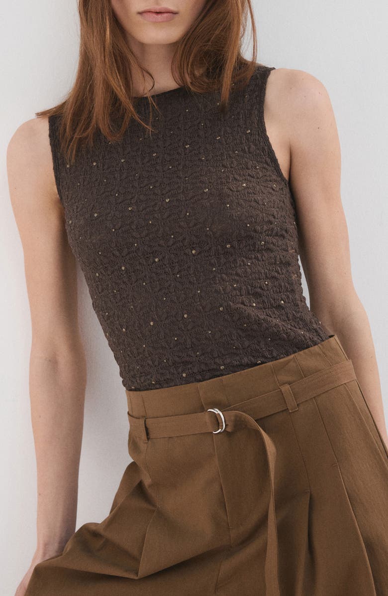 MANGO Studded Jewel Neck Tank, Main, color, Chocolate