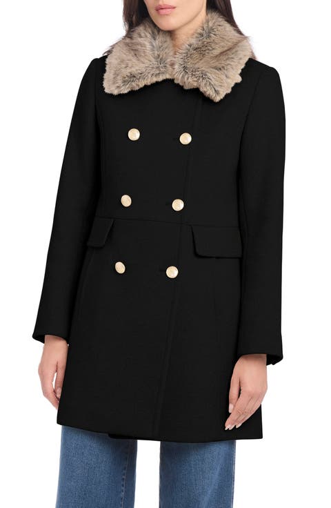Faux Fur Collar Double Breasted Military Coat