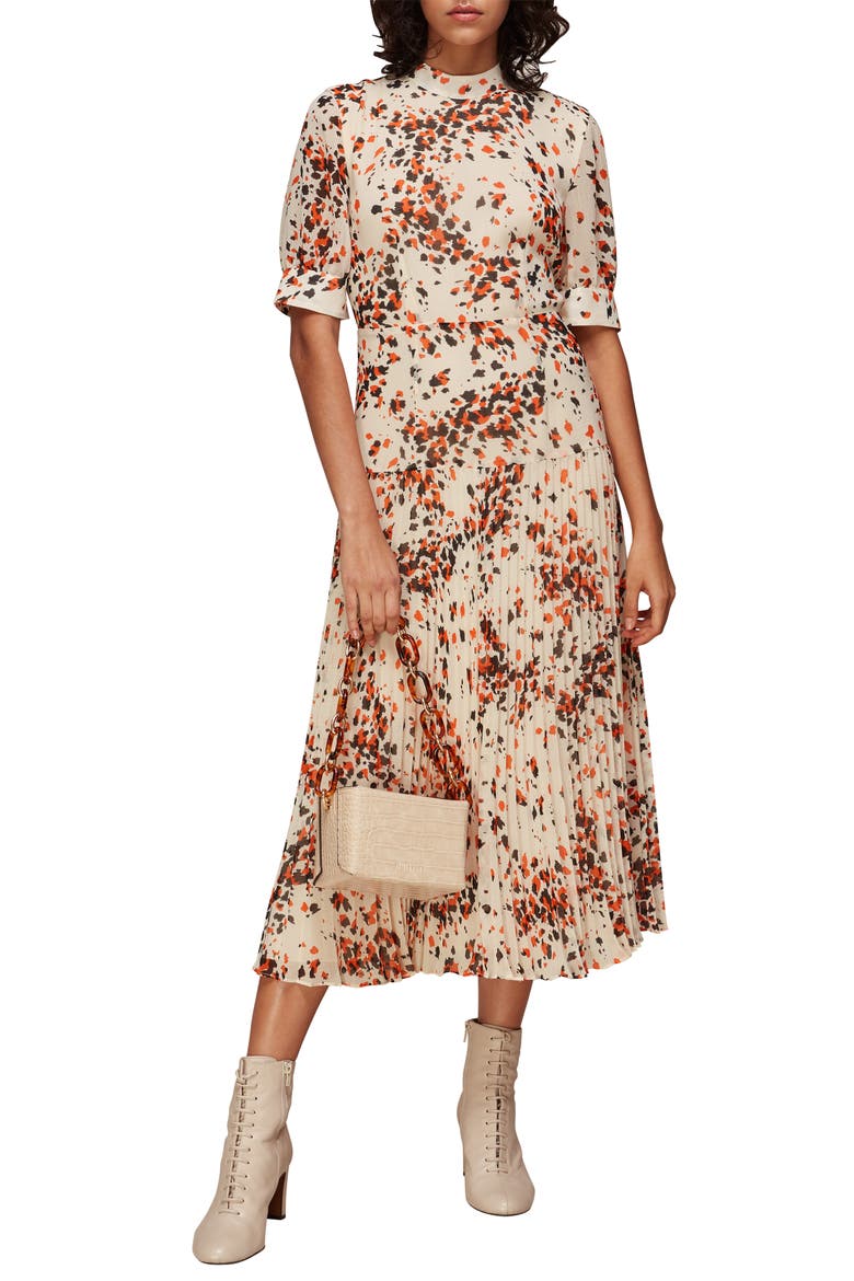 Mottled Animal Print Pleated Midi Dress, Main, color, CREAM/ MULTI