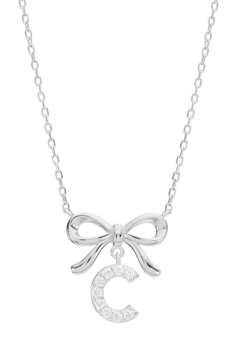 Cubic Zirconia Bow Initial Pendant Necklace, Main, color, C SILVER