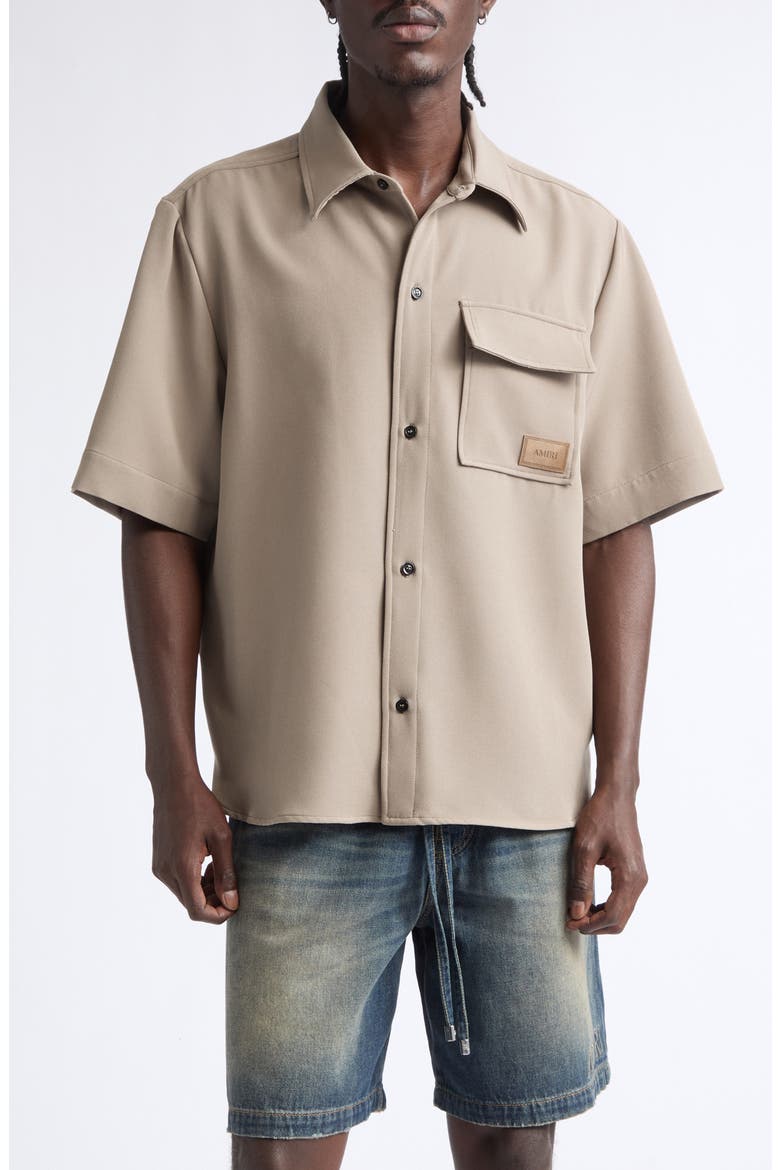 Logo Patch Short Sleeve Stretch Cady Button-Up Shirt, Main, color, DARK SAND