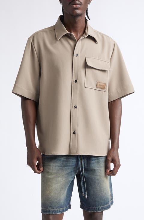 Logo Patch Short Sleeve Stretch Cady Button-Up Shirt