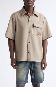 AMIRI Logo Patch Short Sleeve Stretch Cady Button-Up Shirt