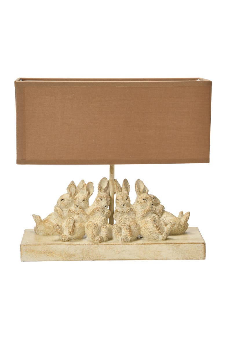 Resin Rabbit Table Lamp with Rectangle Linen Shade, White and Sand, Main, color, White