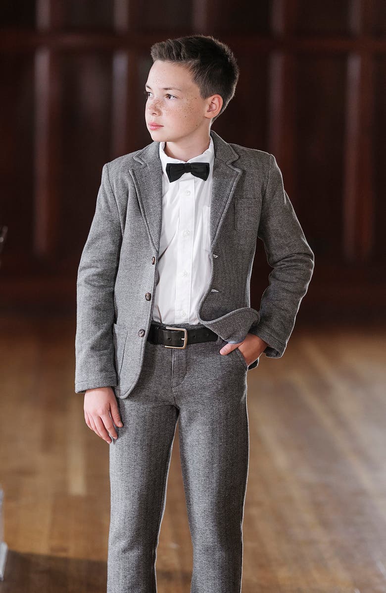 Hope & Henry Kids' Fleece Suit Blazer Made with Organic Cotton, Alternate, color, Charcoal Heather Herringbone