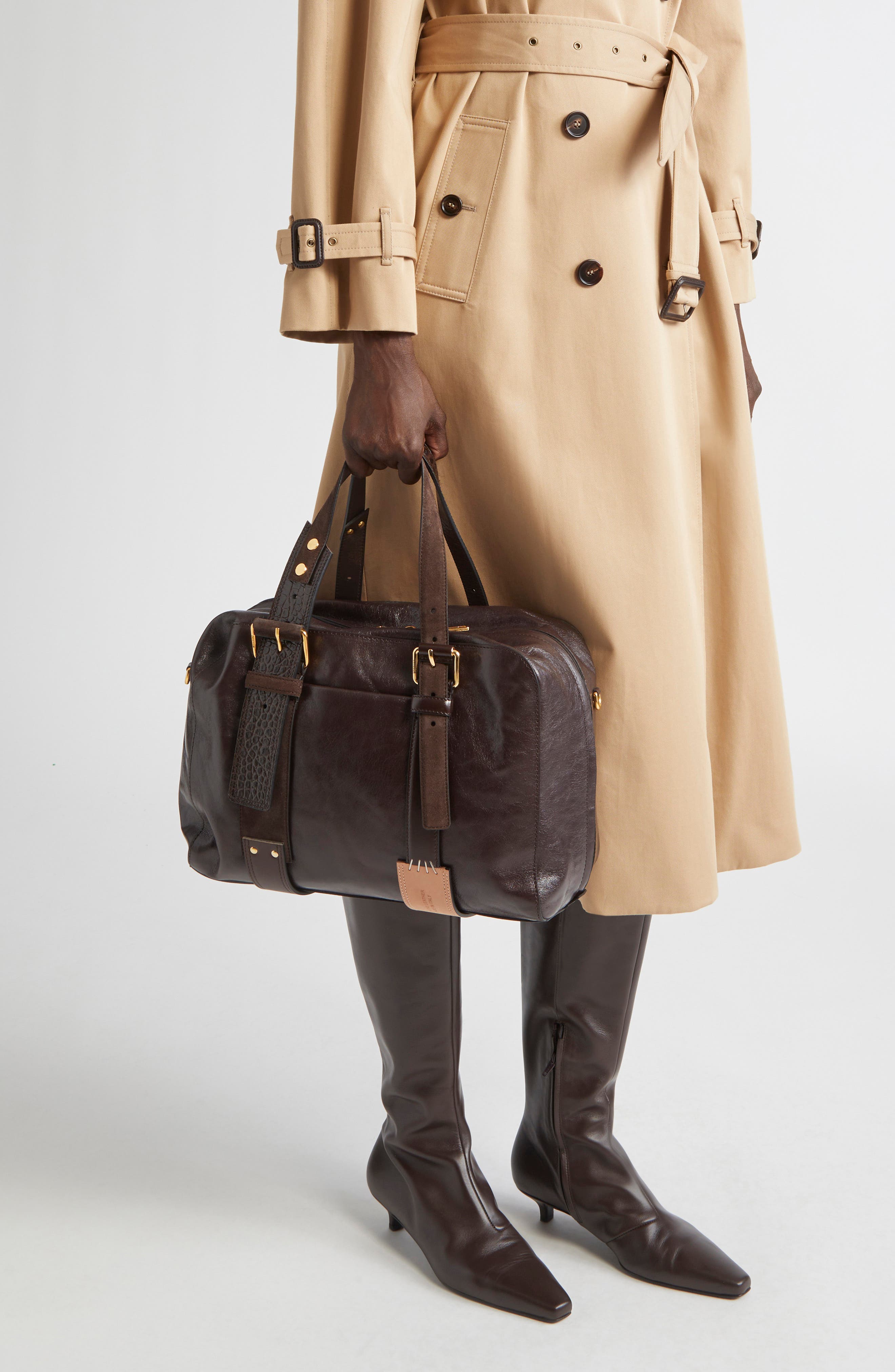 Moschino Leather Top Handle Bowling Bag, Alternate, color, Dark Brown