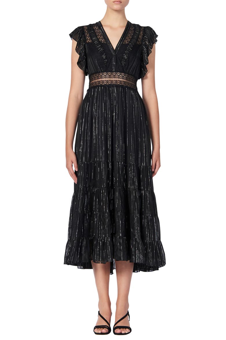 Dona Metallic Stripe & Lace Detail Midi Dress, Main, color, BLACK
