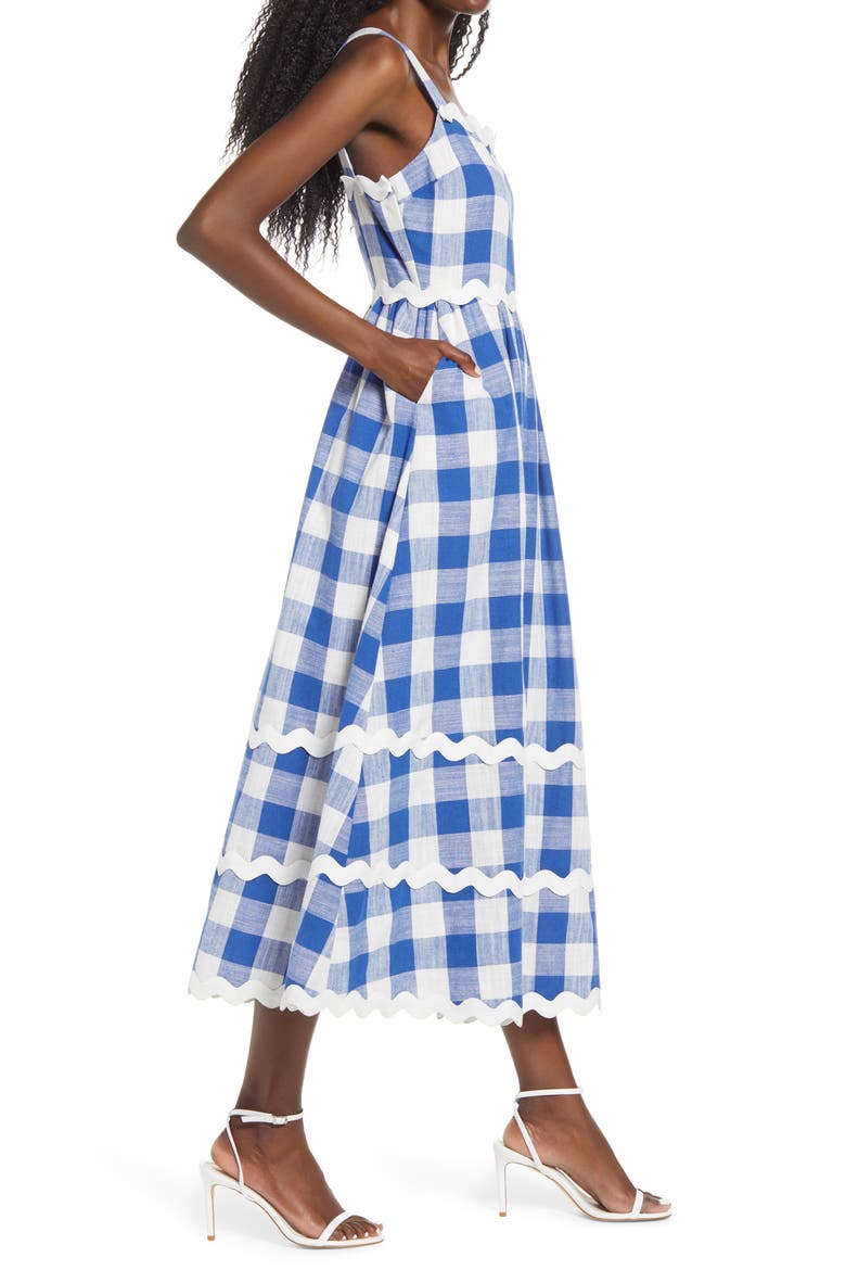 Rickrack Trim Gingham Midi Dress, Alternate, color, BLUE