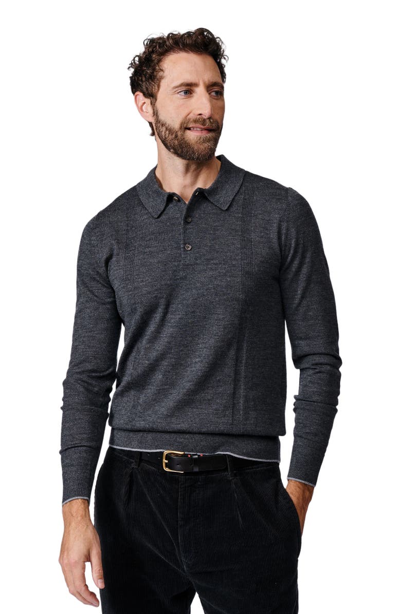 Aubin Elm Merino Textured Long Sleeve Polo, Main, color, Dark Charcoal