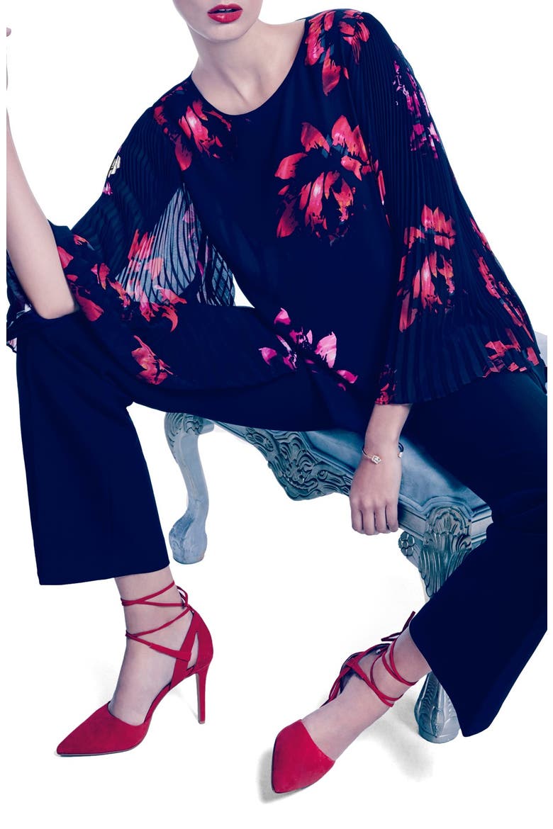 Pleat Sleeve High/Low Floral Blouse, Alternate, color, RICH BLACK