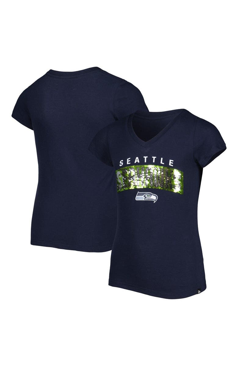 New Era Girls Youth New Era College Navy Seattle Seahawks Reverse Sequin Wordmark V-Neck T-Shirt, Main, color, 