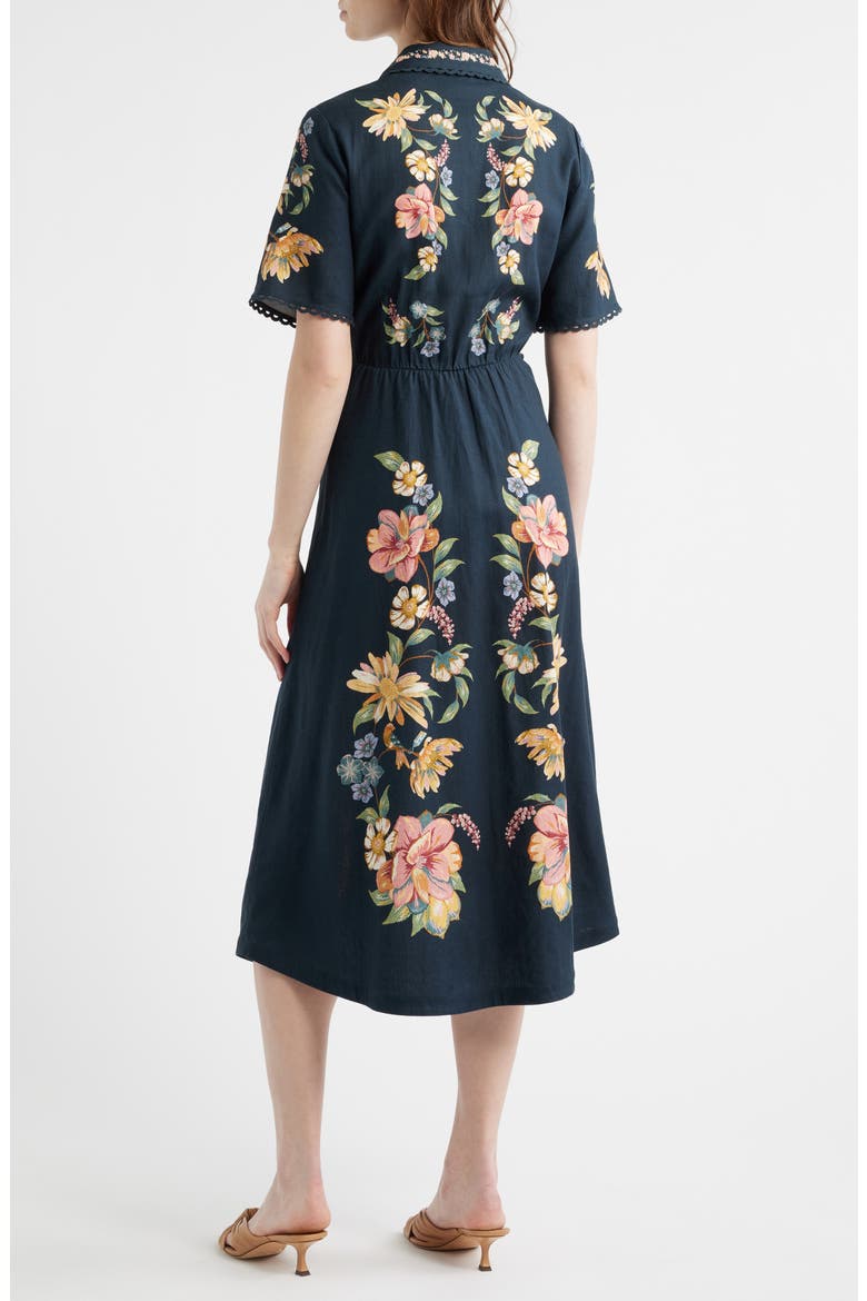 farm rio embroidered floral short-sleeve midi dress Farm Rio Tropical Romance Floral-embroidered Linen-blend Midi Dress White Farm  Rio