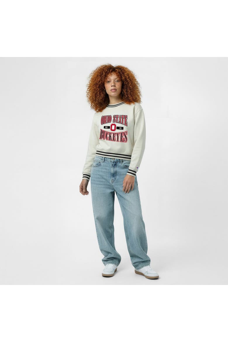 Women's Champion  White Ohio State Buckeyes Yarn Dye Rib Reverse Weave Crew Sweatshirt, Alternate, color, White