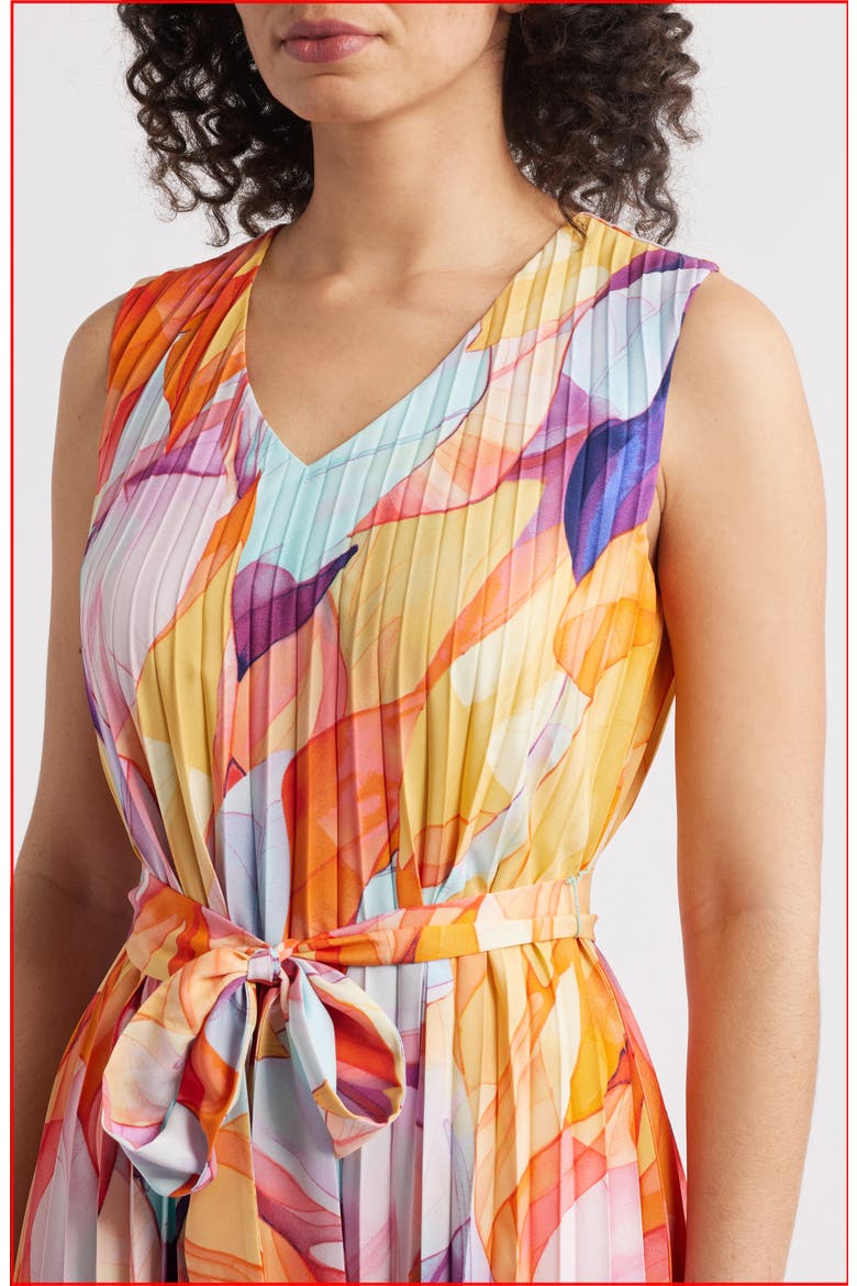 Abstract Print Pleated Handkerchief Hem Midi Dress, Alternate, color, ORANGE MULTI