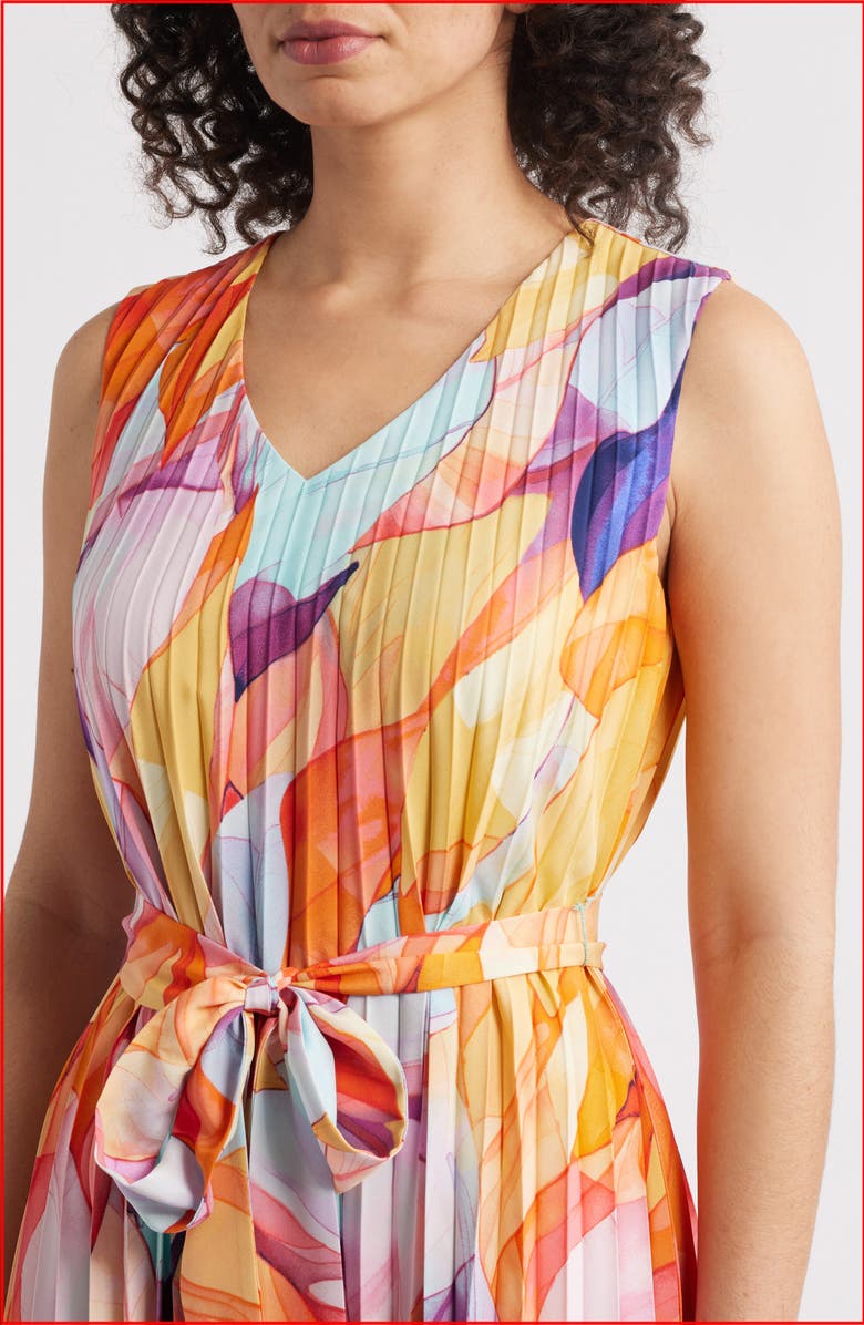 Tahari ASL Abstract Print Pleated Handkerchief Hem Midi Dress, Alternate, color, Orange Multi