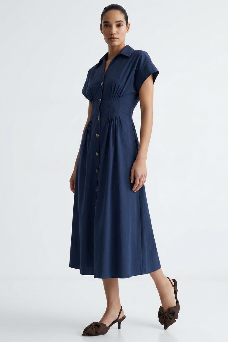 Reilly Shirt Collar Elastic Waist Midi Dress, Alternate, color, Navy