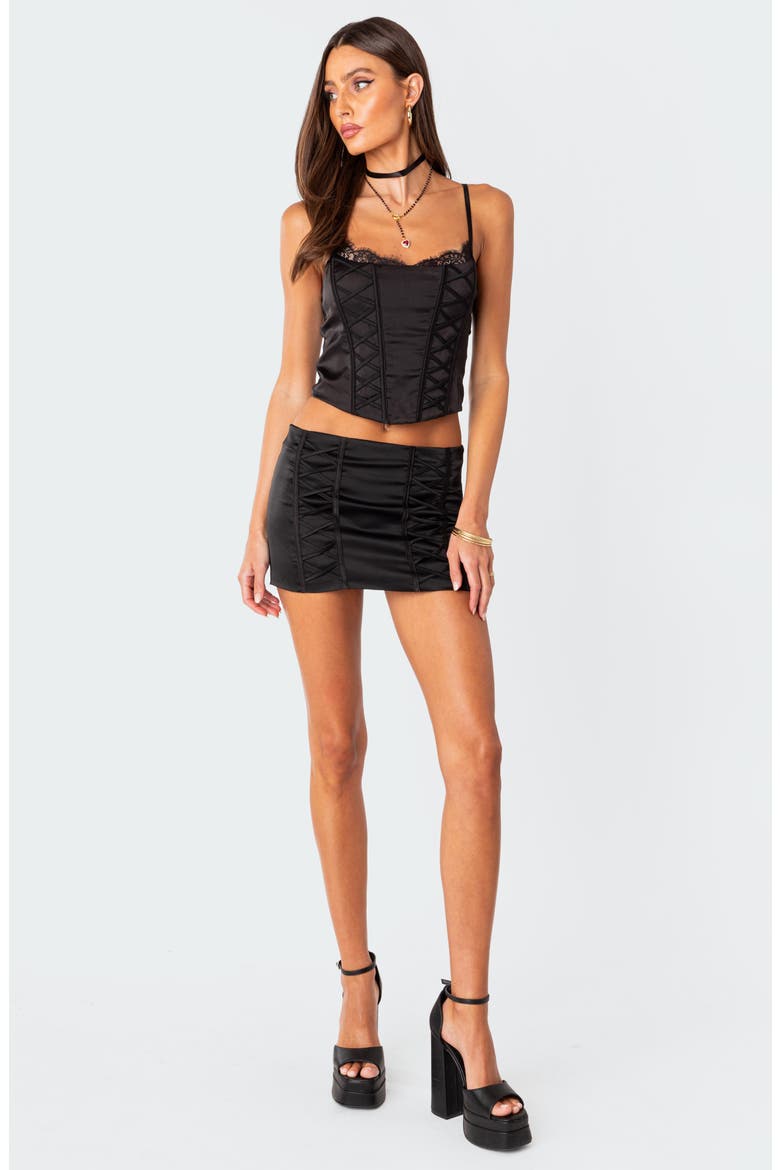 Lilith Lace Trim Satin Corset, Alternate, color, BLACK
