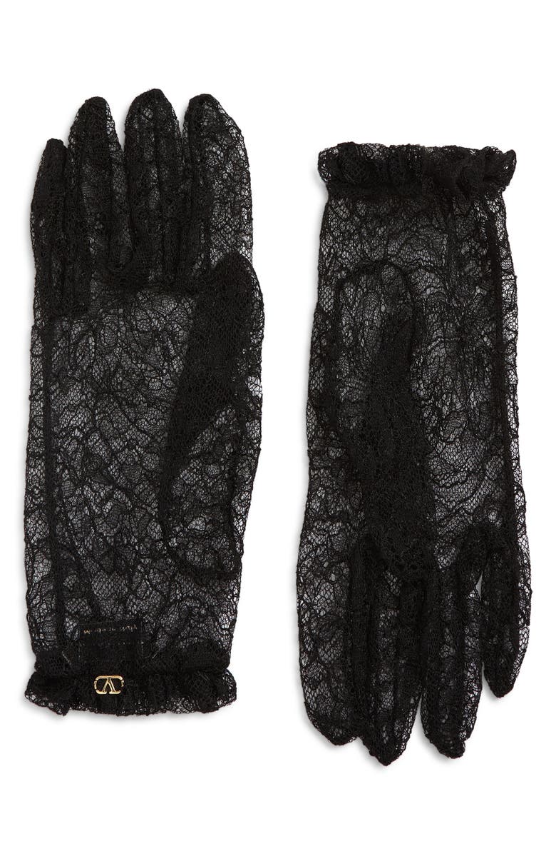 Valentino Garavani VLOGO Sheer Floral Lace Gloves, Main, color, Nero/ Oro