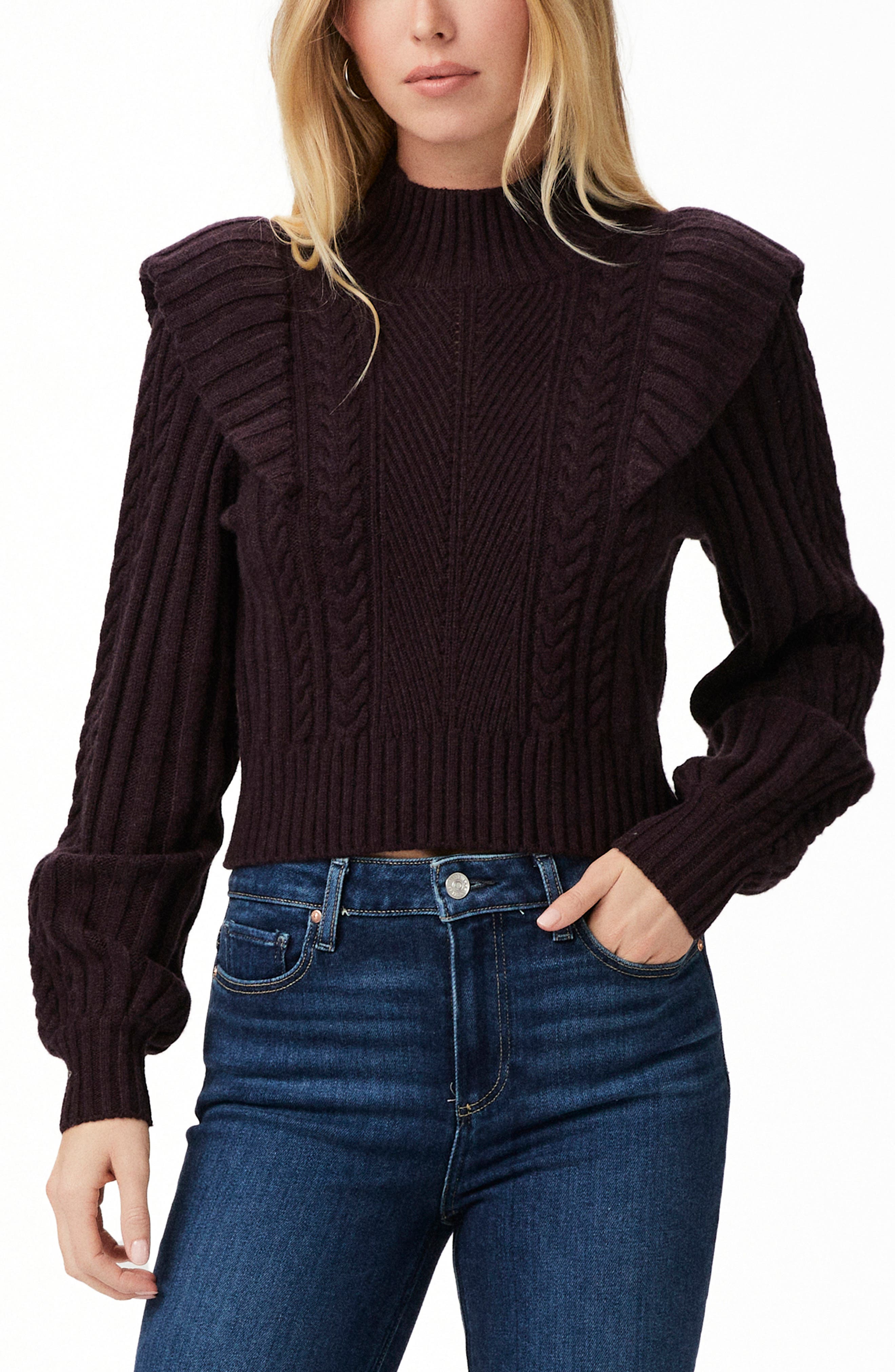 Kate Ruffle Accent Cable Knit Wool Blend Turtleneck Sweater