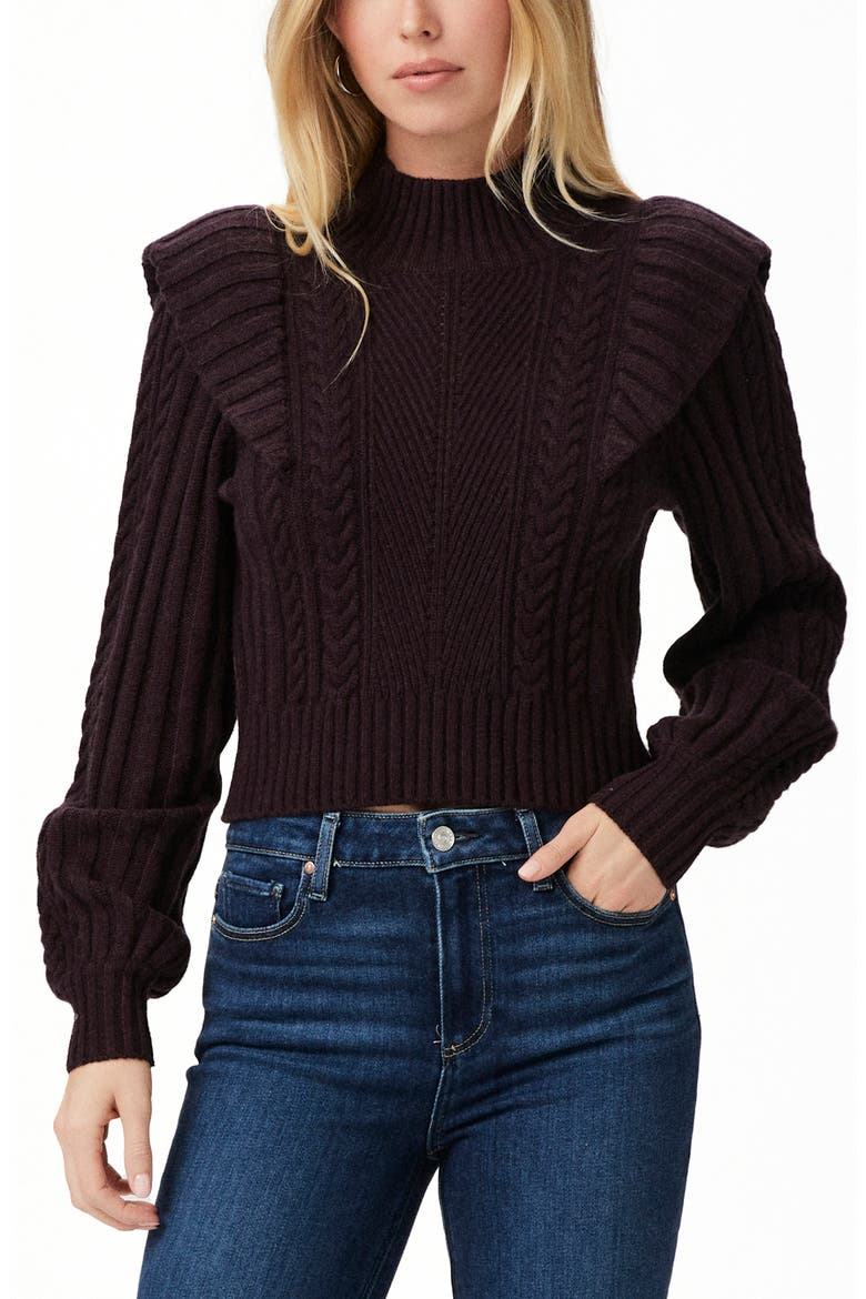 Kate Ruffle Accent Cable Knit Wool Blend Turtleneck Sweater, Main, color, BLK CHRY