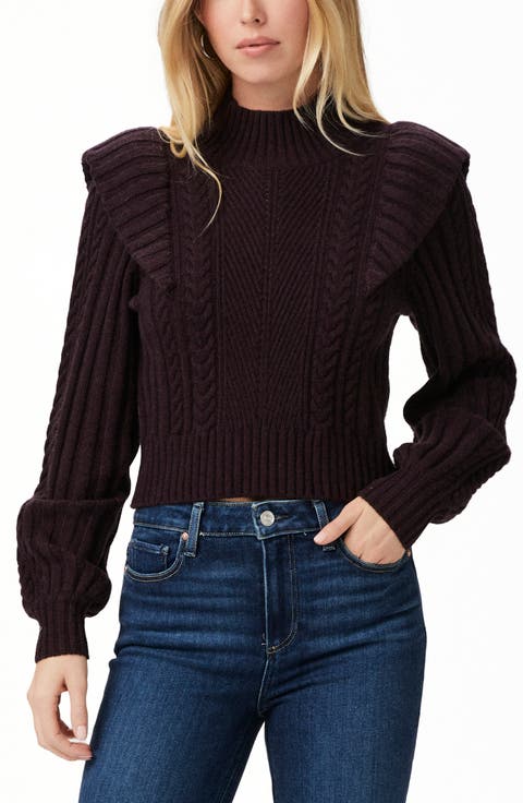 Kate Ruffle Accent Cable Knit Wool Blend Turtleneck Sweater