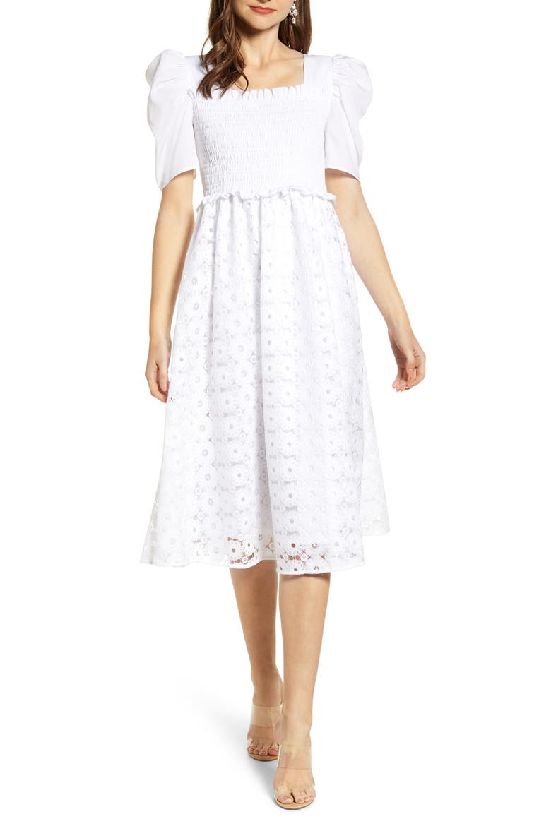 Smocked Waist A-Line Dress, Main, color, WHITE