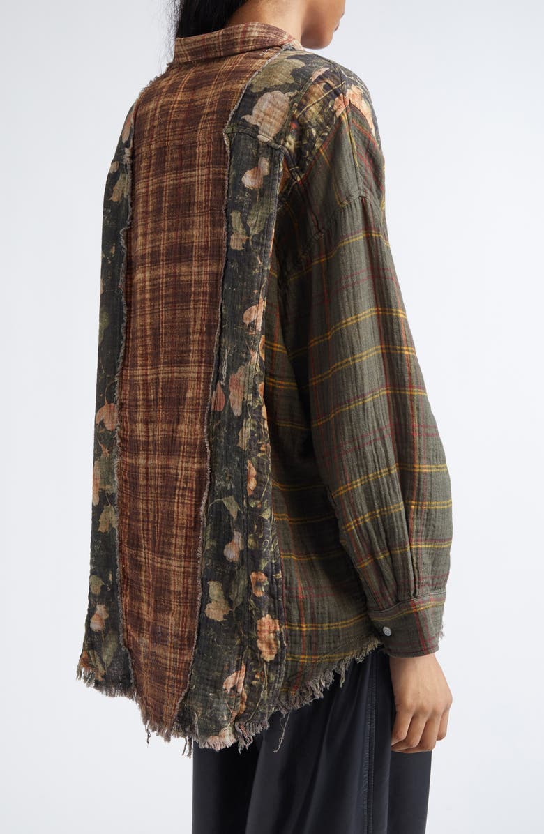 R13 Shredded Seam Drop Neck Plaid Flannel Button-Up Shirt, Alternate, color, Multi-Print Brown