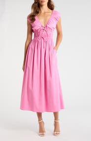 WAYF Liv Ruched Stretch Cotton Poplin Midi Dress