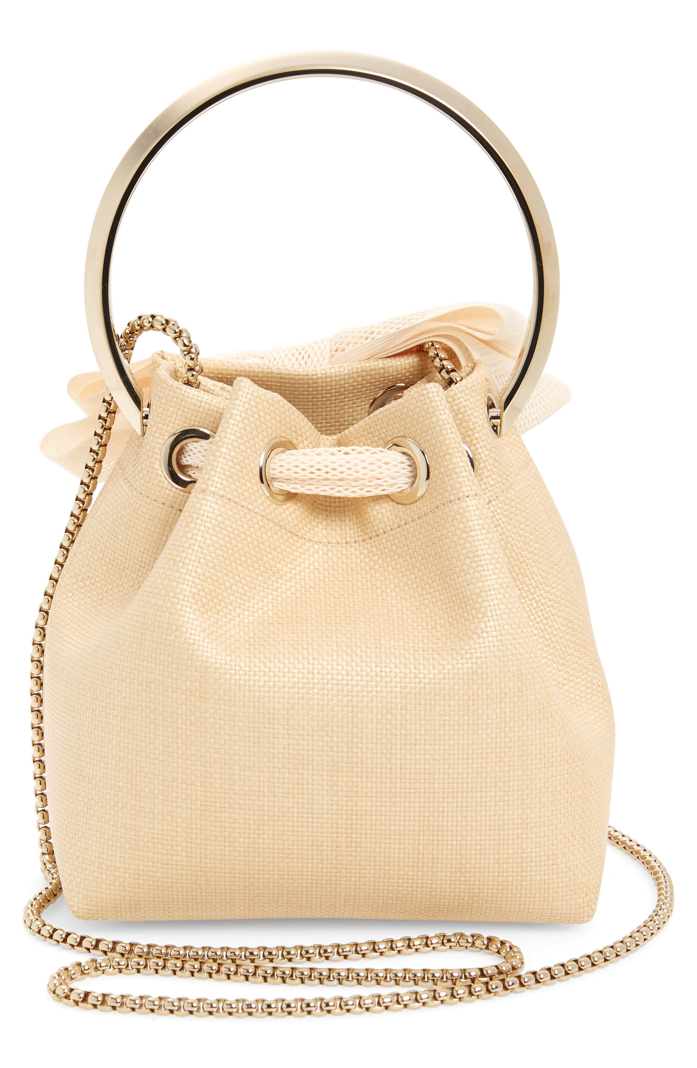 Jimmy Choo Bon Bon Bow Raffia Bucket Bag, Alternate, color, 