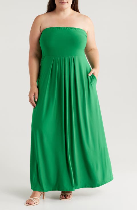 Pleated Stretch Strapless A-Line Dress (Plus)