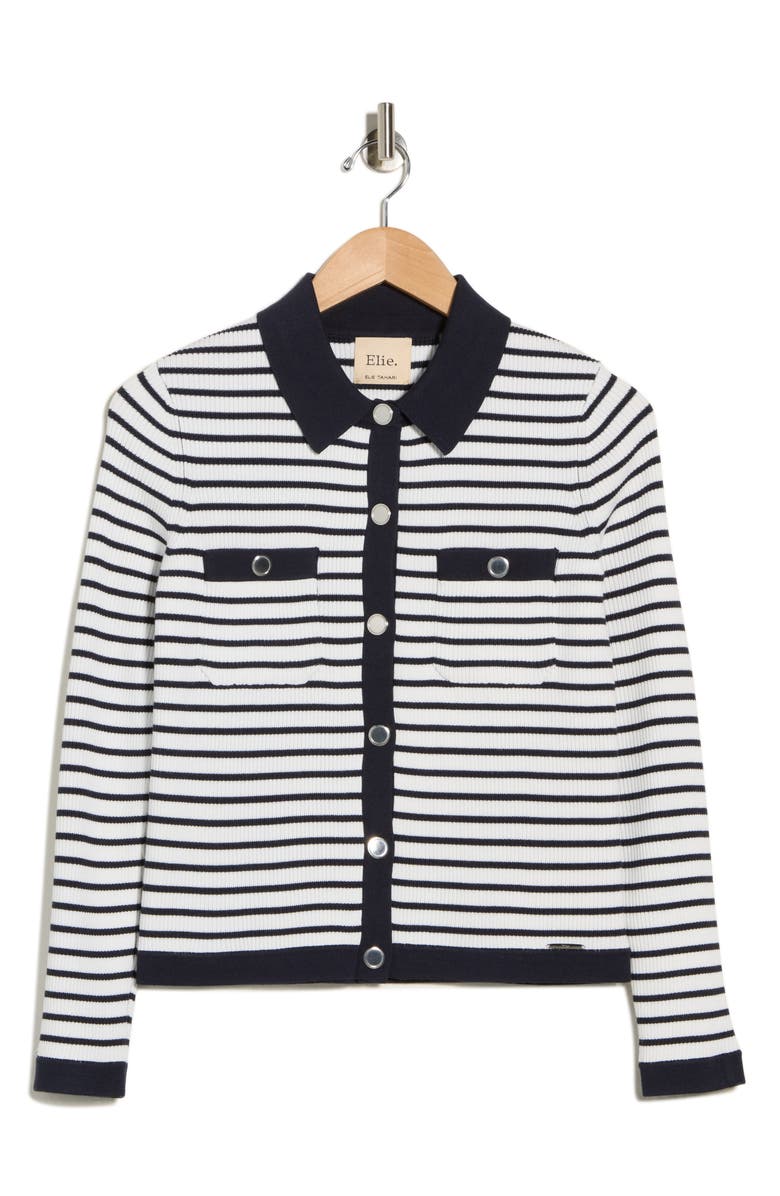 ELIE ELIE TAHARI Stripe Rib Knit Cardigan, Alternate, color, Egret/ Dark Sapphire