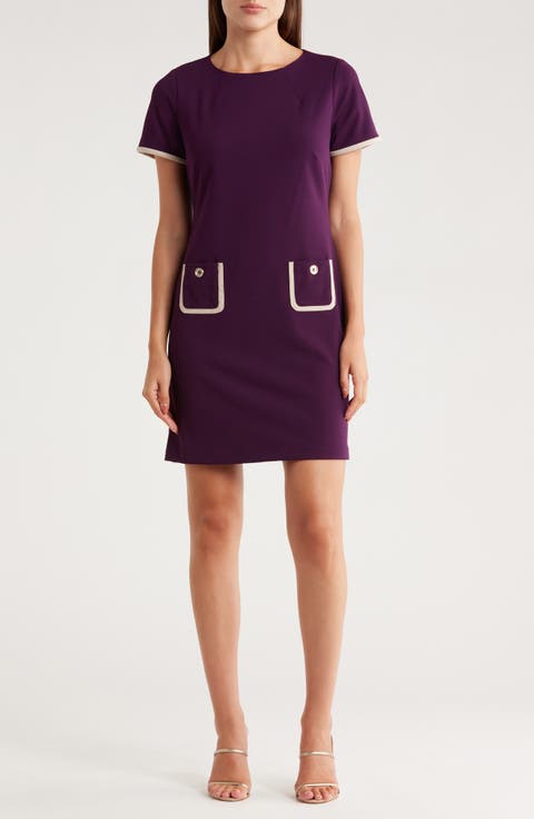 Short Sleeve Scuba Crepe Contrast Trim Dress