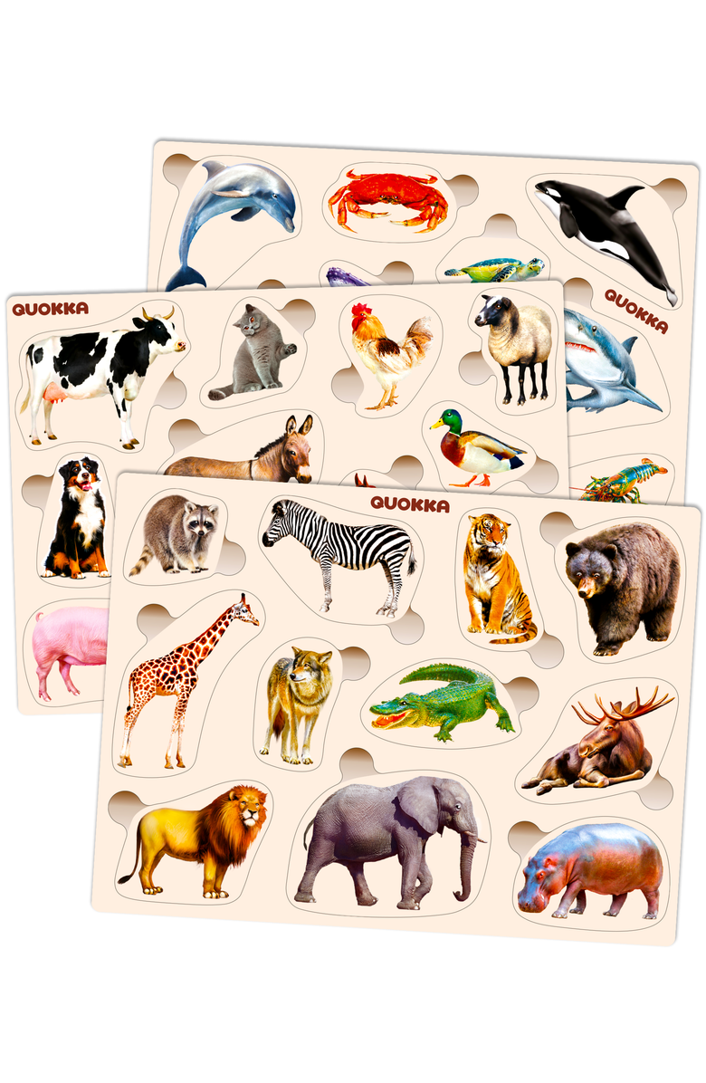 Quokka 3xSET Montessori Wooden Puzzles for Toddlers 1-3 - Educational Toy for Fine Motor Skills, Main, color, Realistic Animals